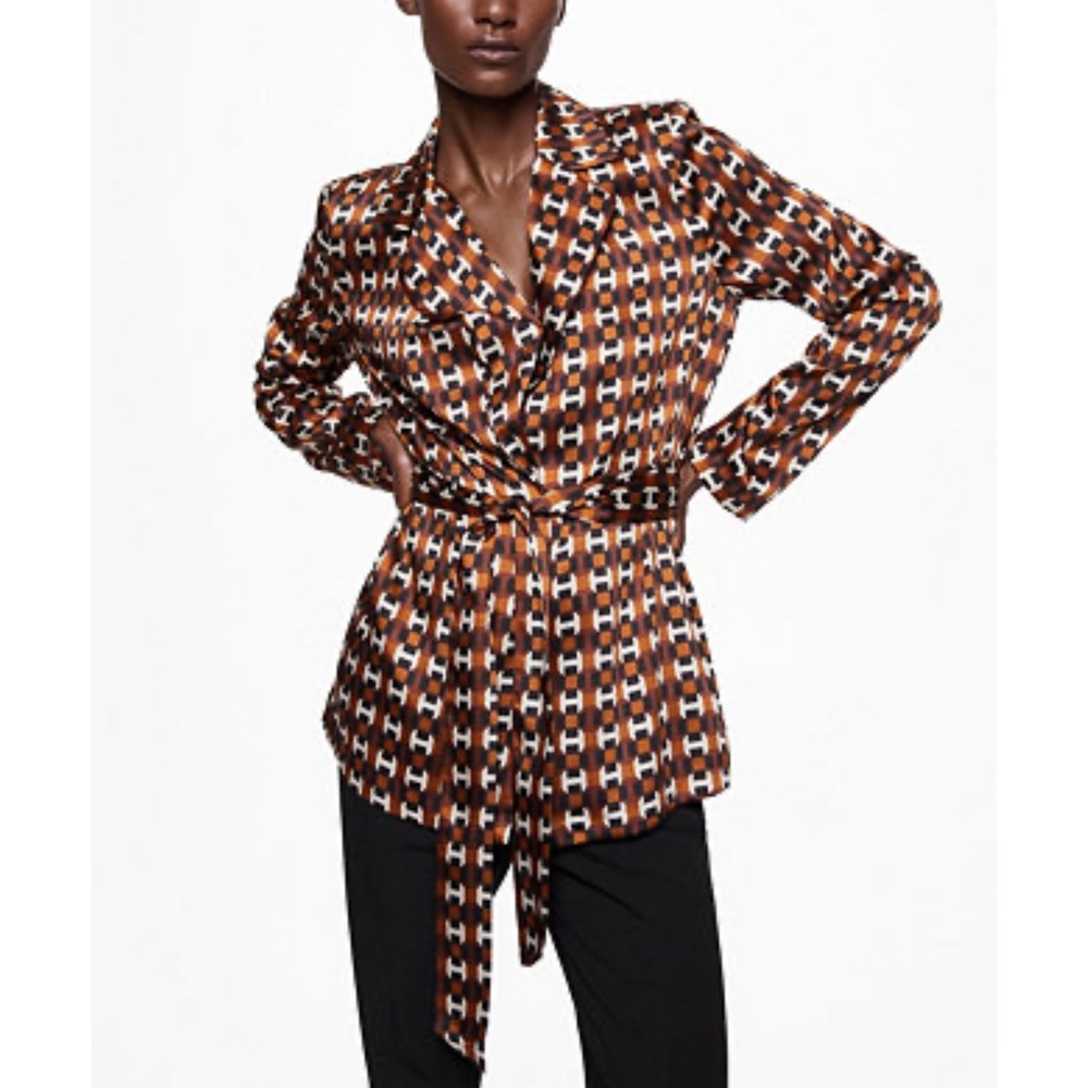 Women's MANGO Geometric-Print Tie Blouse Satin Flowy Chic NWT size 4